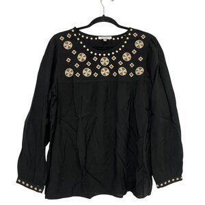 Solitaire By Ravikhosla Women's Black Embroidered Scoop Neck Blouse Size M
